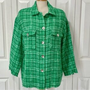 Zara Green Tweed Button-Up oversized Western Jacket size Large